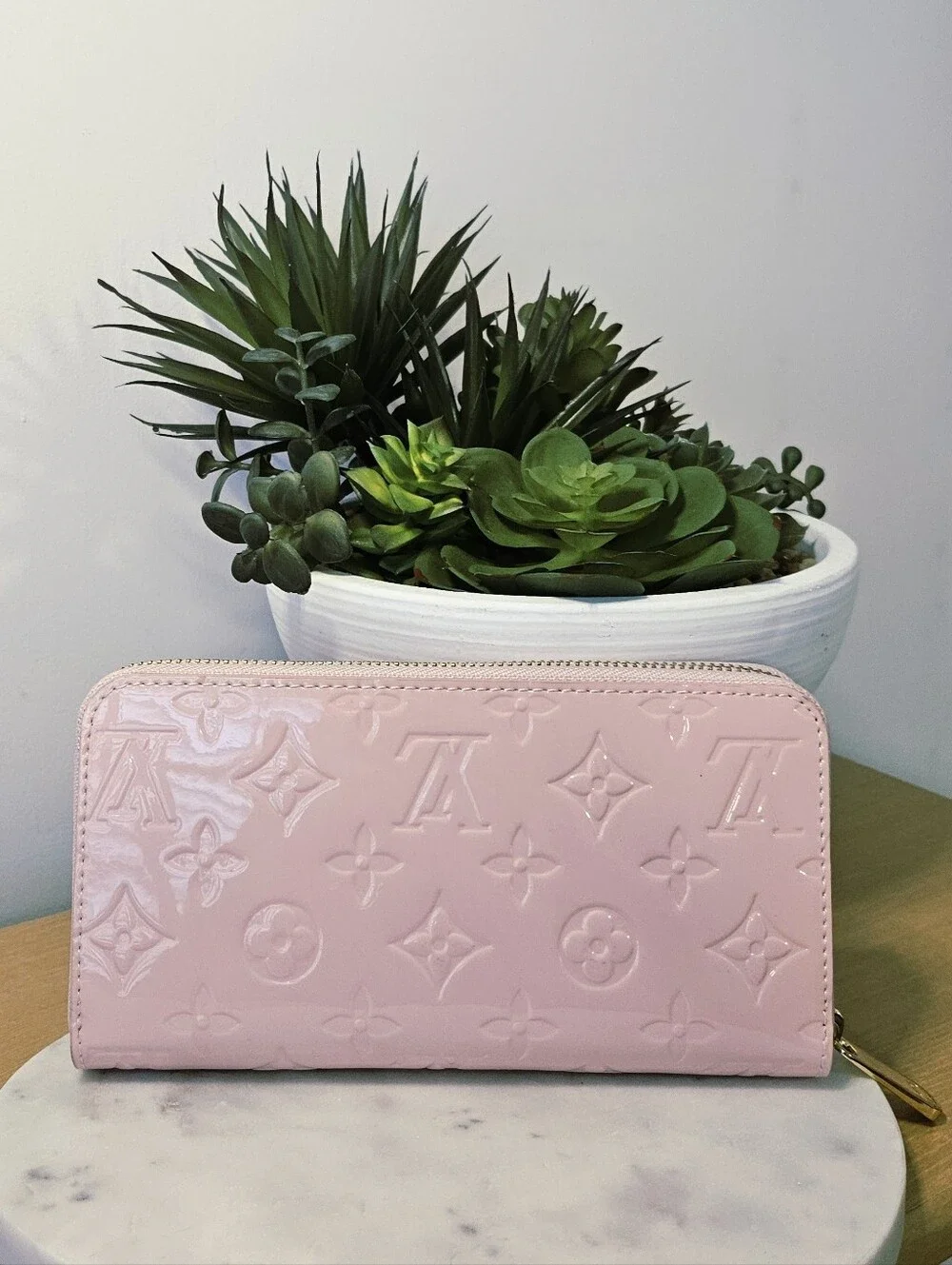 Designer Inspired Gorgeous Pink Patent Monogram Zipper Wallet